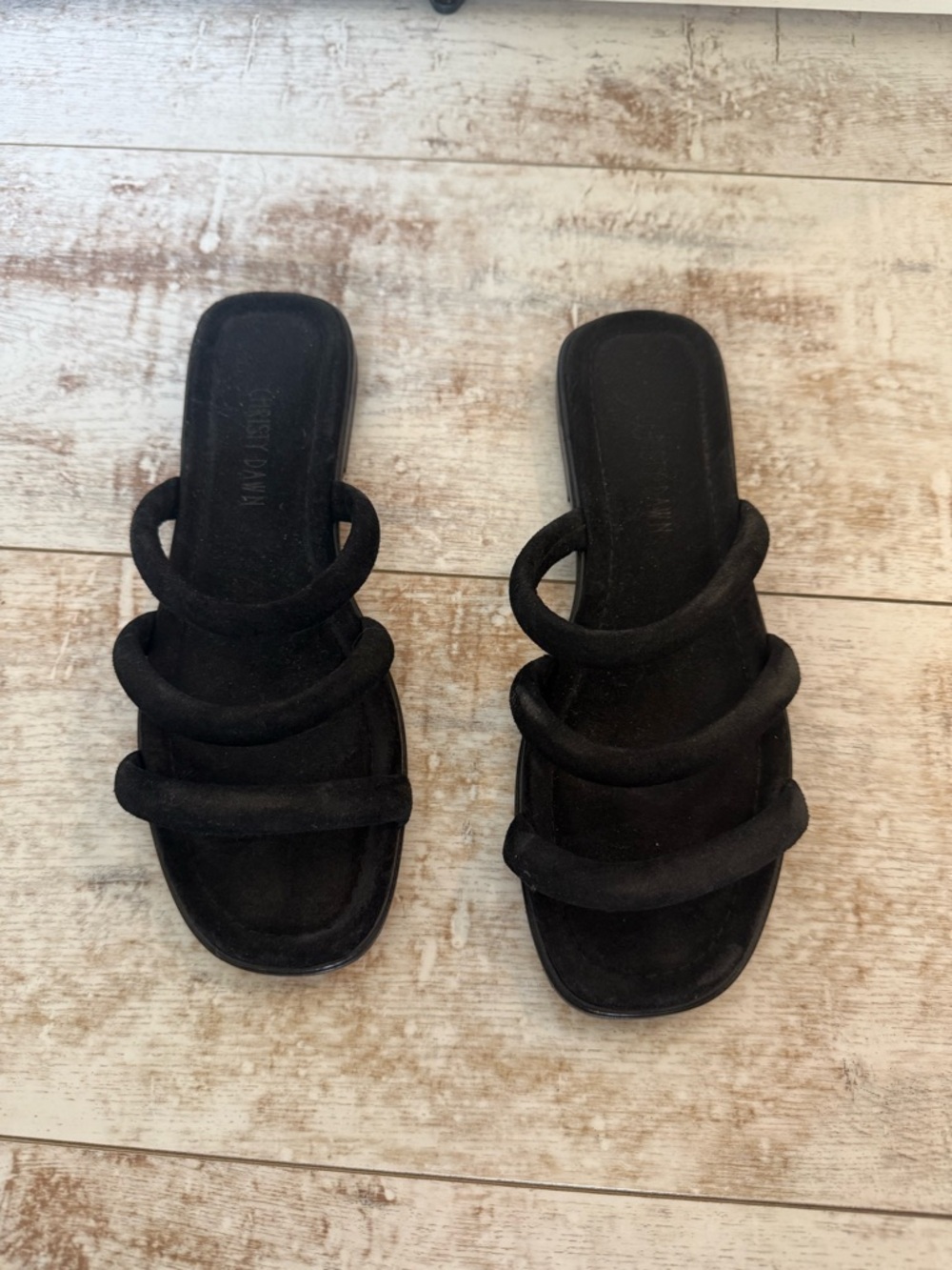 Christy Dawn Women’s Black Suede Slide Sandals with Triple-Strap Design Size 8